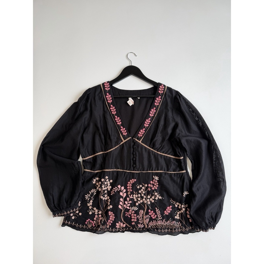 Sundance Black Embroidered Cotton Silk Blend Peasant Blouse Floral Boho Sz 16
